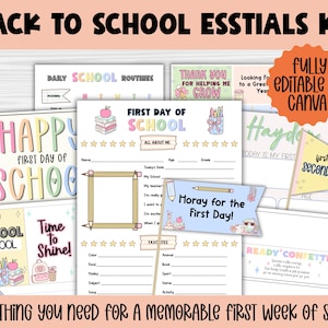 May include: A collection of printable school-themed activity sheets and signs featuring pastel colors and illustrations of pencils, books, and backpacks. Text includes BACK TO SCHOOL ESSTIALS KIT, FIRST DAY OF SCHOOL, and Horay for the First Day.