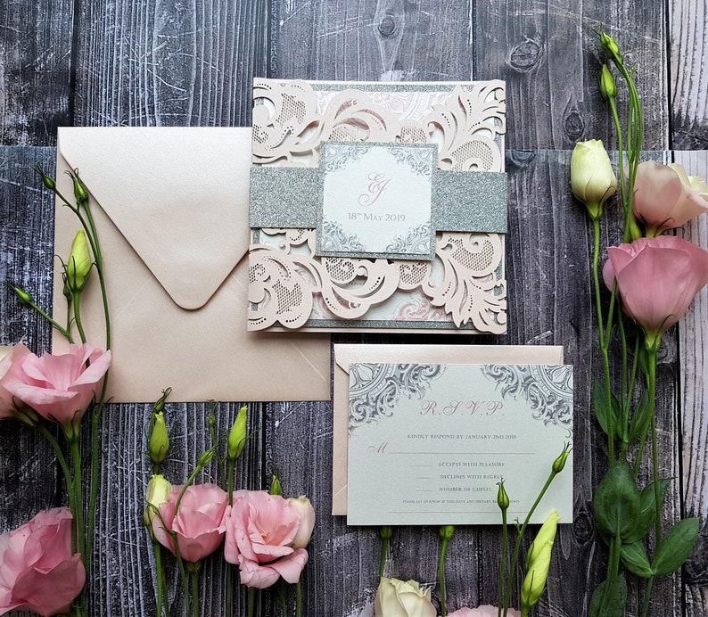 Laser Cut Wedding Invitation Blush Pink & Silver Glitter