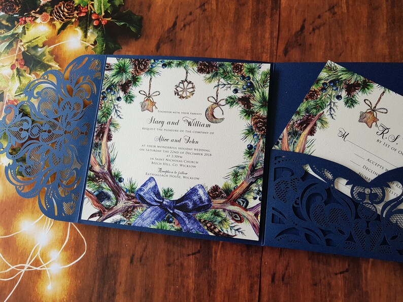 Lace Navy Pocket fold suite Laser cut Wedding Invitation image 1