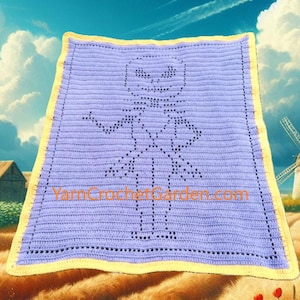 May include: A purple crochet blanket with a yellow border features a skeleton design in the center. The blanket is displayed in front of a painting of a rural landscape with a windmill.