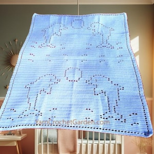 May include: A light blue crocheted baby blanket with a white border and a pattern of animals. The blanket is hanging on a crib in a nursery.