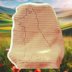 May include: A crocheted baby blanket in a light peach color with a white border. The blanket has a simple design with a repeating pattern of holes. The blanket is photographed in a field of wildflowers.