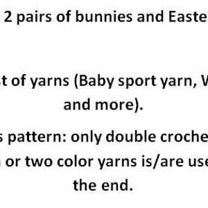 May include: Crochet pattern instructions for a blanket featuring bunnies, Easter baskets, and eggs. The pattern uses double crochet and chain crochet stitches and can be made with baby sport yarn, worsted weight yarn, or other similar yarns.