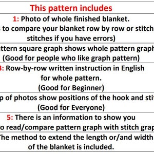May include: A table with a list of six items that are included in a crochet pattern. Each item is marked with an 'X' to indicate that it is included. The items include a photo of the finished blanket, a pattern graph, row-by-row instructions, photos of the hook and stitches, information on how to read the pattern graph, and instructions on how to extend the length or width of the blanket.