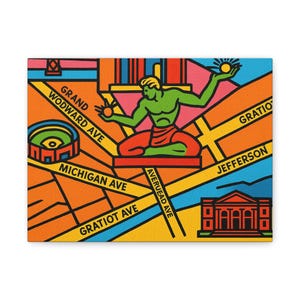 Druck auf Leinwand, Detroit MIkuschi Pop-Art, Karte, Wanddekoration, Geschenk für Reisende, Dekoration für Zuhause, Büro oder Urlaub