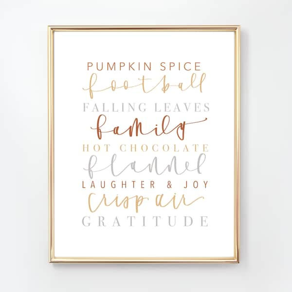 FALL | LIST of Fall Favorites | Pumpkin Spice | Autumn Sign | Calligraphy Sign | Printable | Fall Sign | Fall decor | Digital Download