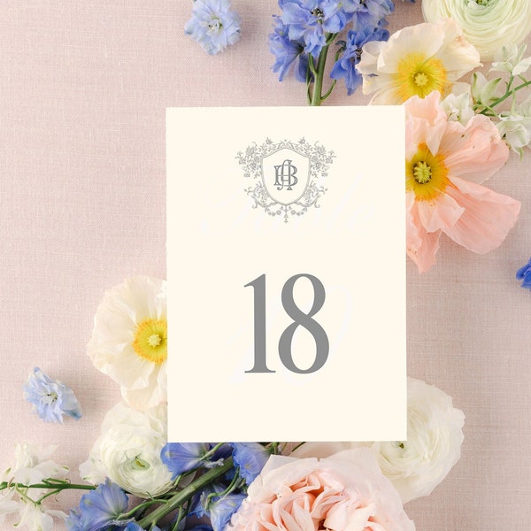 Printed Wedding Table Numbers with Monogram | 5x7 or 4x6 | White or Ivory Cardstock