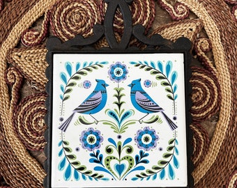 Vintage Gusseisen und Fliesen Blau, Lila, Grün Vogel Untersetzer // Vintage Wandbehang // Eklektische Boho Dekoration