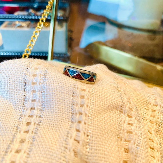 Vintage Sterling Silver Turquoise & Coral Triangl… - image 1