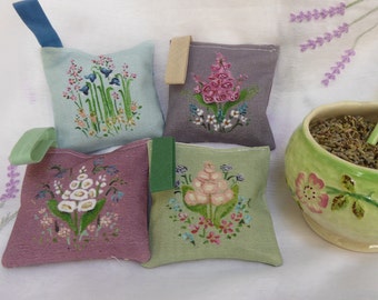 4 Small Handmade Floral Art Designed Draw Lavender Bags