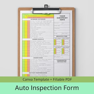 Puede incluir: Un portapapeles contiene un formulario de inspección de automóviles. El formulario está dividido en secciones para interior/exterior, debajo del vehículo, debajo del capó y rendimiento de la batería. El formulario incluye áreas para información de la empresa, controles de frenos y neumáticos y comentarios. La parte inferior de la imagen dice "Auto Inspection Form".