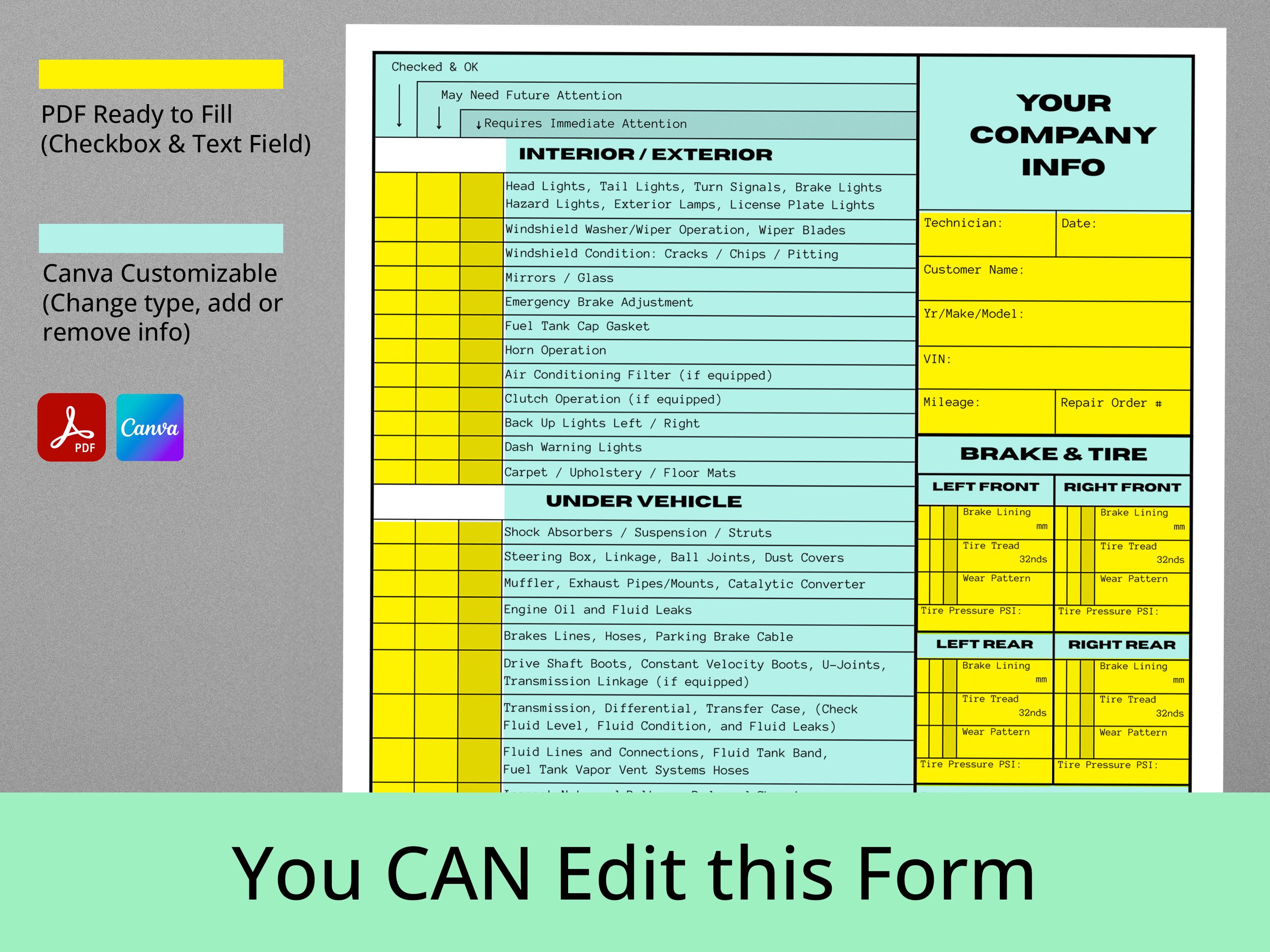 Editable Vehicle Inspection Form | Canva Template | Printable Car ...