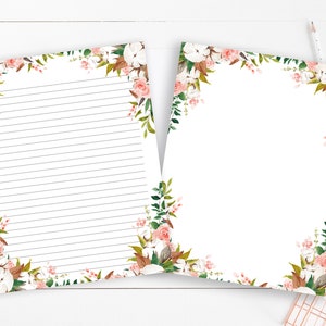 Pode incluir: Papelaria imprimível com uma borda floral de flores rosa e brancas, folhas verdes e caules marrons. A borda está em todos os quatro lados do papel.