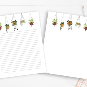 Papel de papelería forrado imprimible de plantas de interior, carta de EE. UU., 8,5"x11", papel de escritura de plantas con líneas, tema de plantas