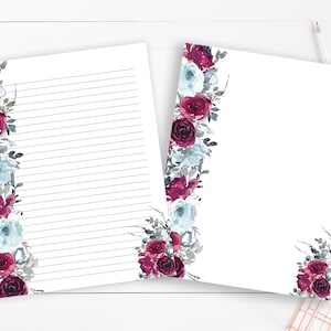 Elegante acuarela burdeos y rosas azules forradas de papelería floral imprimible, membrete 8.5x10", papel de diario floral forrado