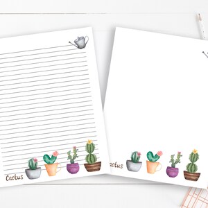 Tema de cactus Papel de papelería forrado imprimible, Carta de EE. UU., 8,5"x11", Papel de escritura de plantas con líneas, Papel de diario de plantas de acuarela