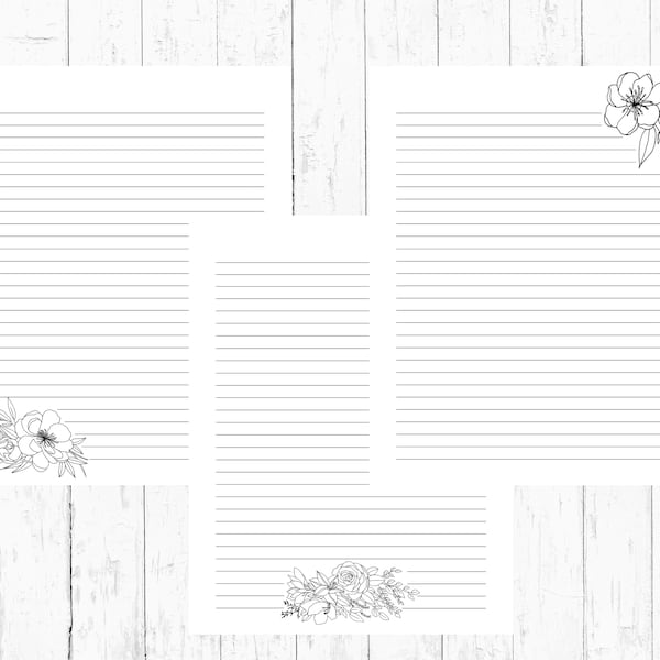 Black and White Floral Lined Stationery Printable, Set of 3 , US Letter, Black and White Letter Writing Paper With Lines, Instant Download