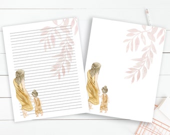 Mother Daughter Printable Stationery 8.5x11, Instant Download Printable lined Paper with Design