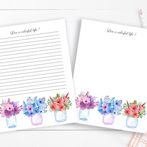 Acuarela Floral Mason Jar Papel de escritura forrado imprimible, Carta de EE. UU., Papel de papelería motivacional, Papel decorativo para foto-periodismo