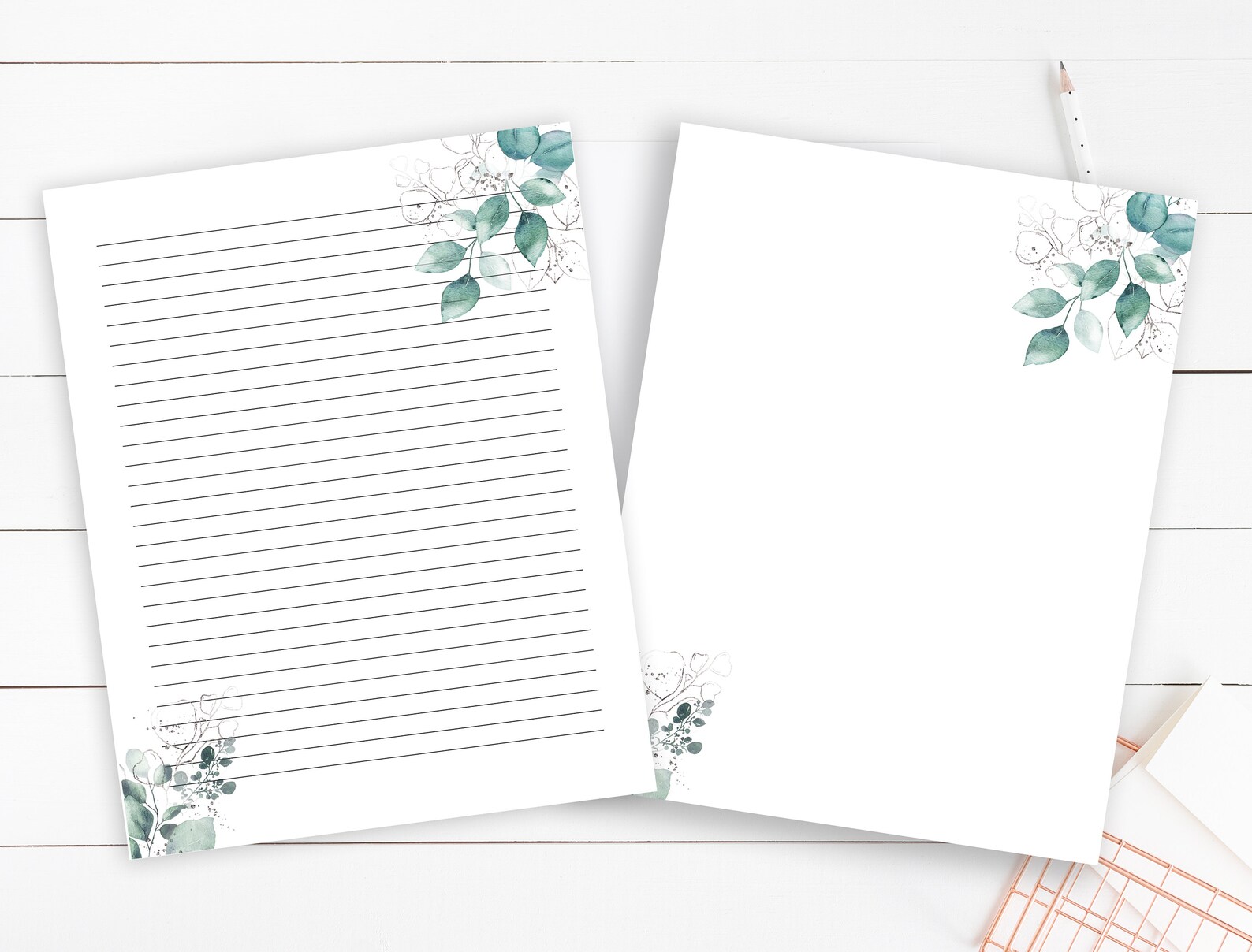 Elegant Plant Leaves Printable Lined Writing Paper, US Letter, Watercolor Botanic Stationery ...