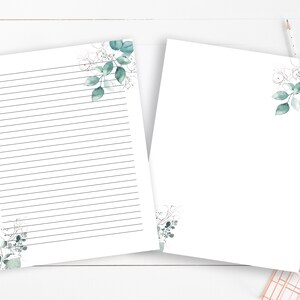 Folhas de plantas elegantes para impressão, papel pautado, carta dos EUA, papel de carta botânico aquarela com linhas, papel de diário de plantas