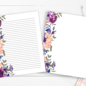 Purple, peach and blue watercolor line floral stationery, Printable stationery, Letterhead 8.5x11, decorative writing paper