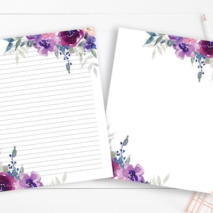 Lila Rose Blumendruck Liniertes Brief Schreibpapier, US Letter, druckbares Journal Papier, Notizblock Papier, Briefpapier Papier, Dekoratives Papier