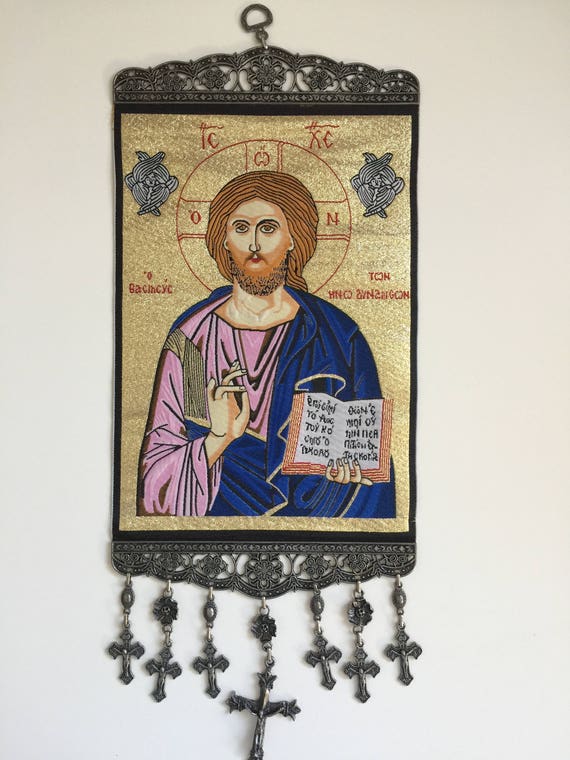 ORTHODOX CATHOLIC WALL TAPESTRY HANGING CHRIST JESUS EVIL EYE w CROSSES