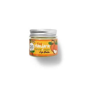 Vegan & natural red mandarin lip balm in reusable glass jar.
