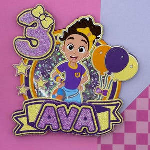 Girl Cartoon Birthday Cake Topper - Glitter Shaker Custom Name Celebration Party Personalized mekah inspired Purple Yellow and Orange
