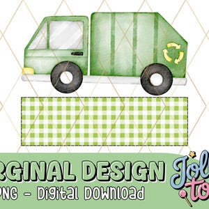 Grüner Recycling-Truck PNG mit personalisierbarem Namensrahmen - Jungen-Monogramm Digitaler Download Bild Aquarell Jungen-Shirt Wandkunst Gingham Baby