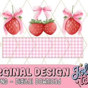 Erdbeere Personalisiertes Monogramm PNG Kokette Gingham Rosa Schleife Aquarell Mädchen Ära Wandkunst Sublimation Transfer Baby Obstmarkt Niedlich DTF