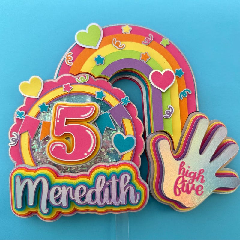 Rainbow Birthday Cake Topper - Custom Name Age Colorful Party Decoration Celebration Glitter Shaker Personalized Birthday High Five Happy