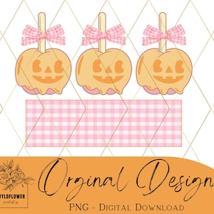 May include: Three orange and pink Halloween candy apples with jack-o'-lantern faces on a pink and white gingham background.  The text "Original Design" is written in black cursive below the candy apples.