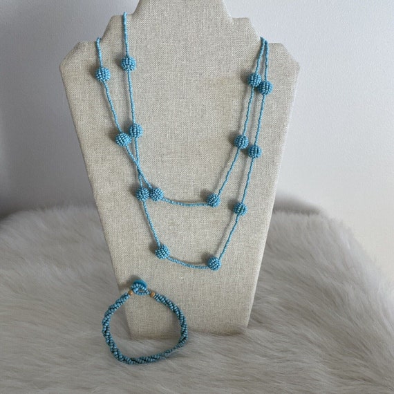 Vintage Blue Handmade Beaded Necklace And Bracele… - image 2