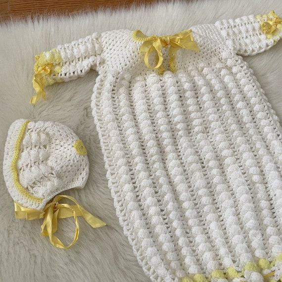 Vintage Handmade Knit Baby Christening Gown White… - image 4