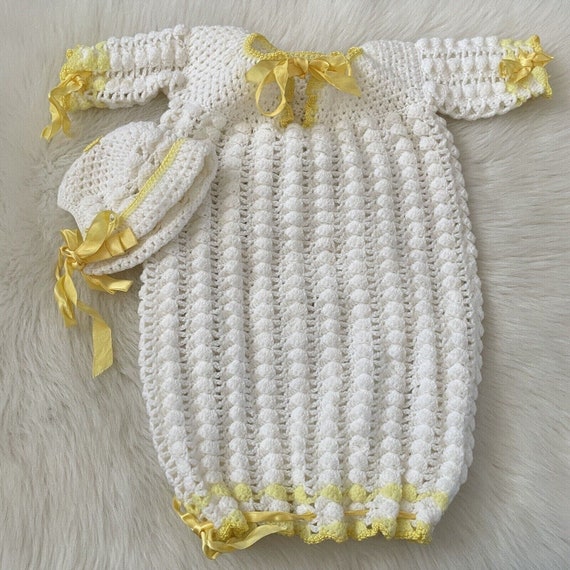 Vintage Handmade Knit Baby Christening Gown White… - image 1