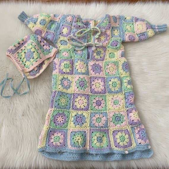 Vintage Colorful Crochet Baby Infant Gown And Bon… - image 1