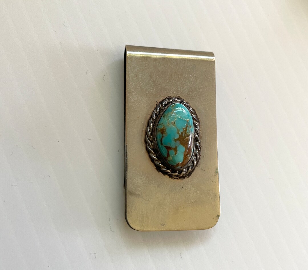 Vintage Old Pawn Stainless Steel Money Clip W/ Turquoise Stone Native
