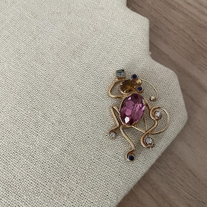 Vintage Coro Script Figural Monkey "Jeweled" Brooch Rhinestones Gold Tone Signed