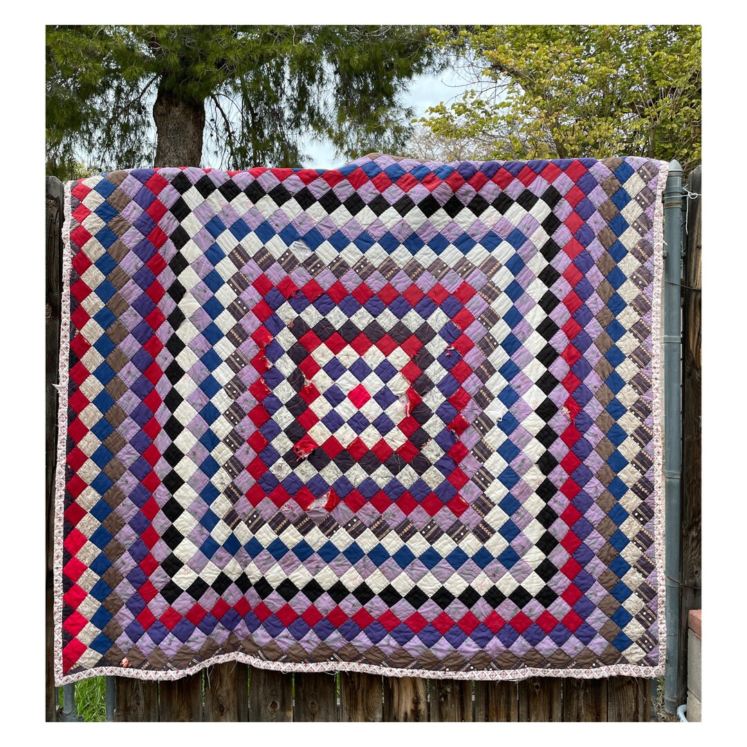 Antique Cutters Quilt Rips Squares Hand Stitched 80 X 70 Vintage Ornate