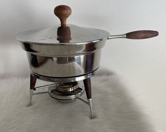 Vintage MCM Stainless Steel Chafing Double Dish W Wooden Teak Handles Legs