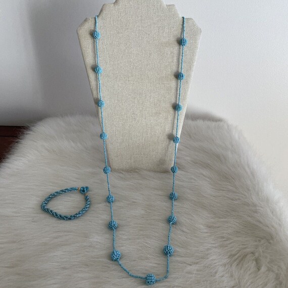 Vintage Blue Handmade Beaded Necklace And Bracele… - image 1