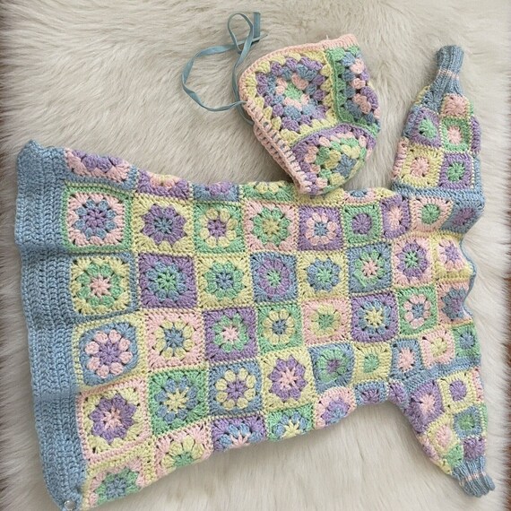 Vintage Colorful Crochet Baby Infant Gown And Bon… - image 8