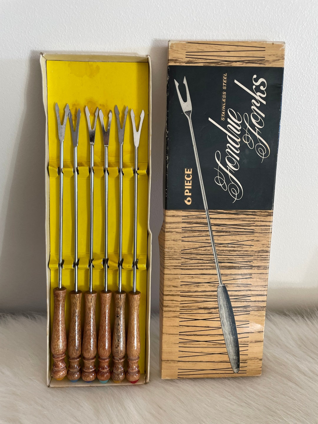 Vintage Fondue Forks W/ Wood Handles Colored Tips Service 6 Etsy