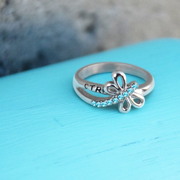 Dragonfly CTR ring includes 9 small light blue stones choose the right stainless steel for latter-day saint baptism or missionary gift