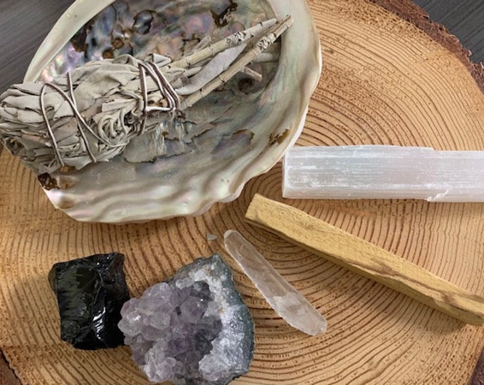 Smudging Kit, includes sage, abalone shell, selenite, palo santo, amethyst