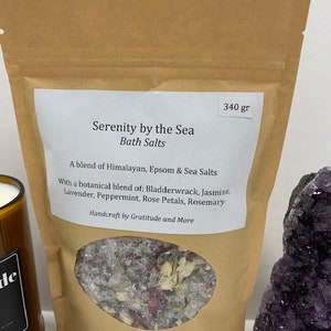 Serenity by the Sea, a relaxing bath blend of Himalayan, Epsom and Sea Salt, with botanicals