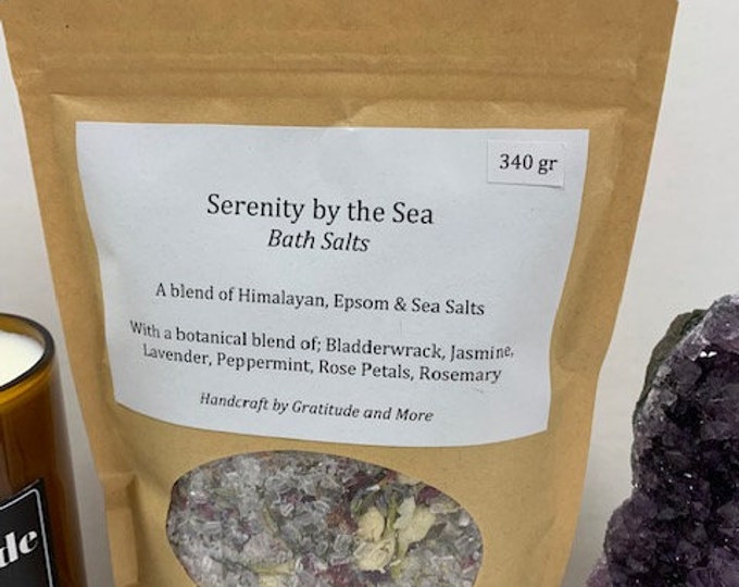 Serenity by the Sea, a relaxing bath blend of Himalayan, Epsom and Sea Salt, with botanicals