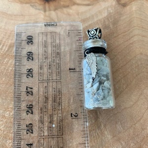 Angelite chips in glass bottle with angel wing, pendant, necklace